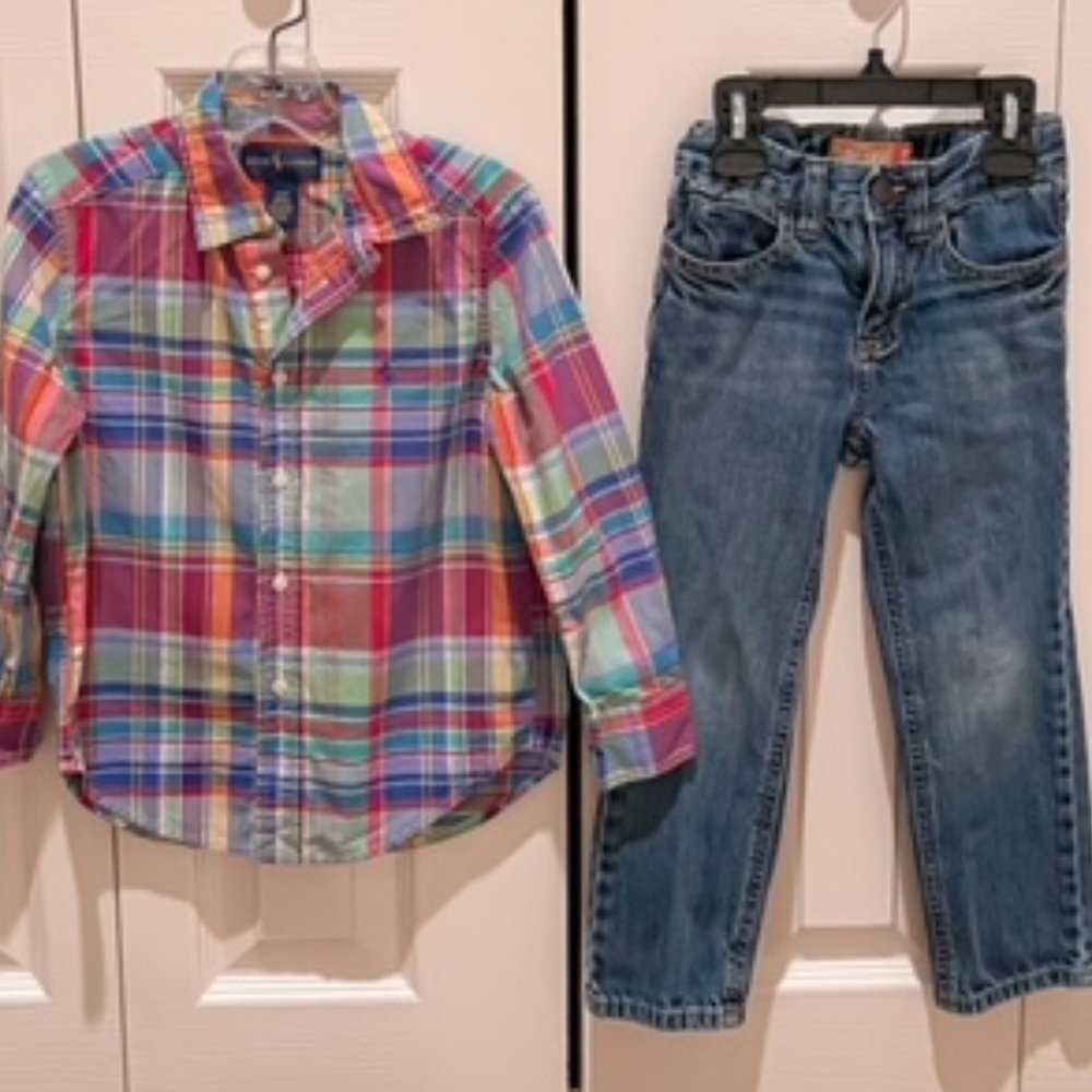 Polo by Ralph Lauren plaid button down shirt & Old Navy skinny jeans, size 4/4T